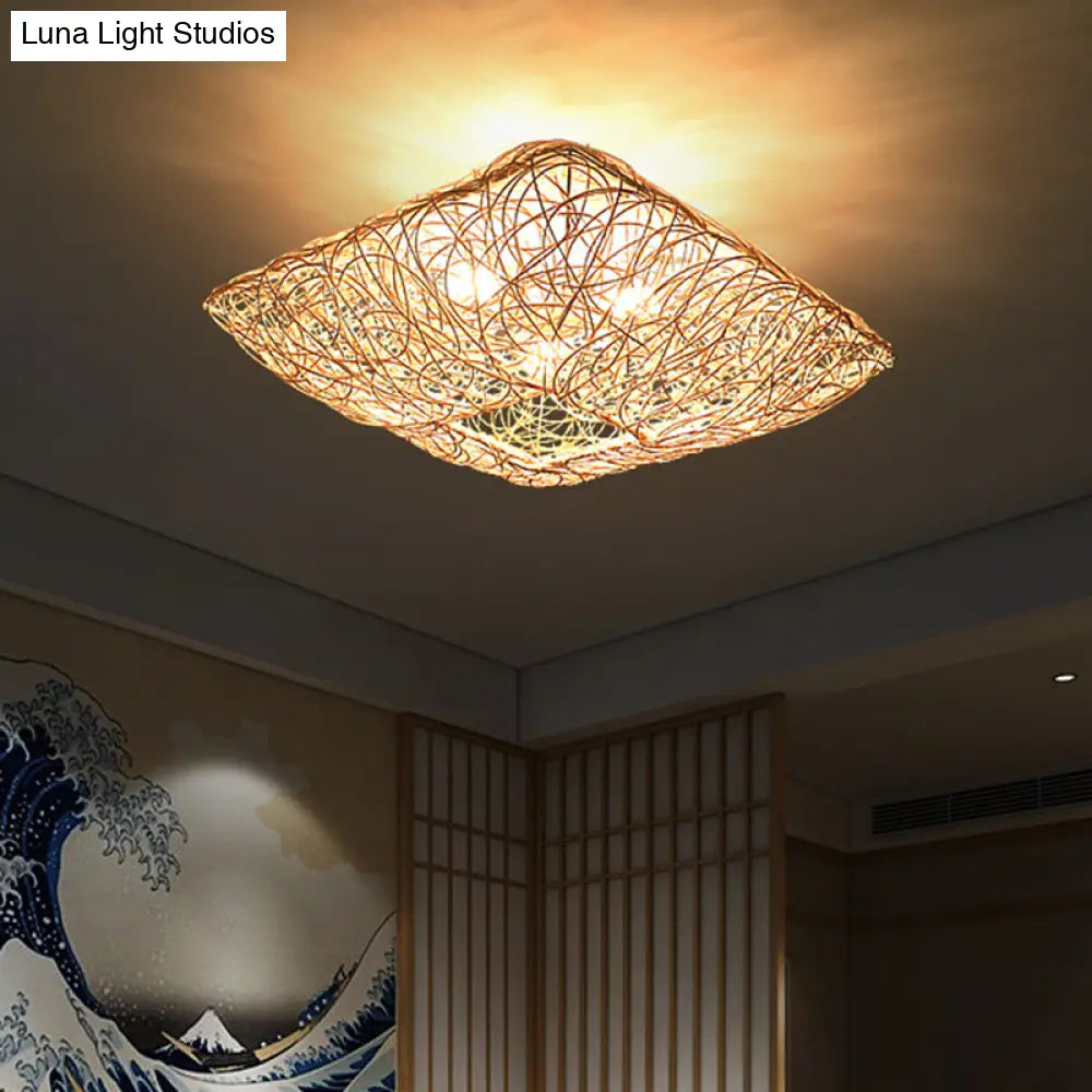 3-Light Square Ceiling Flush Mount Light In Rattan Wood For Bedroom Pendant Lighting