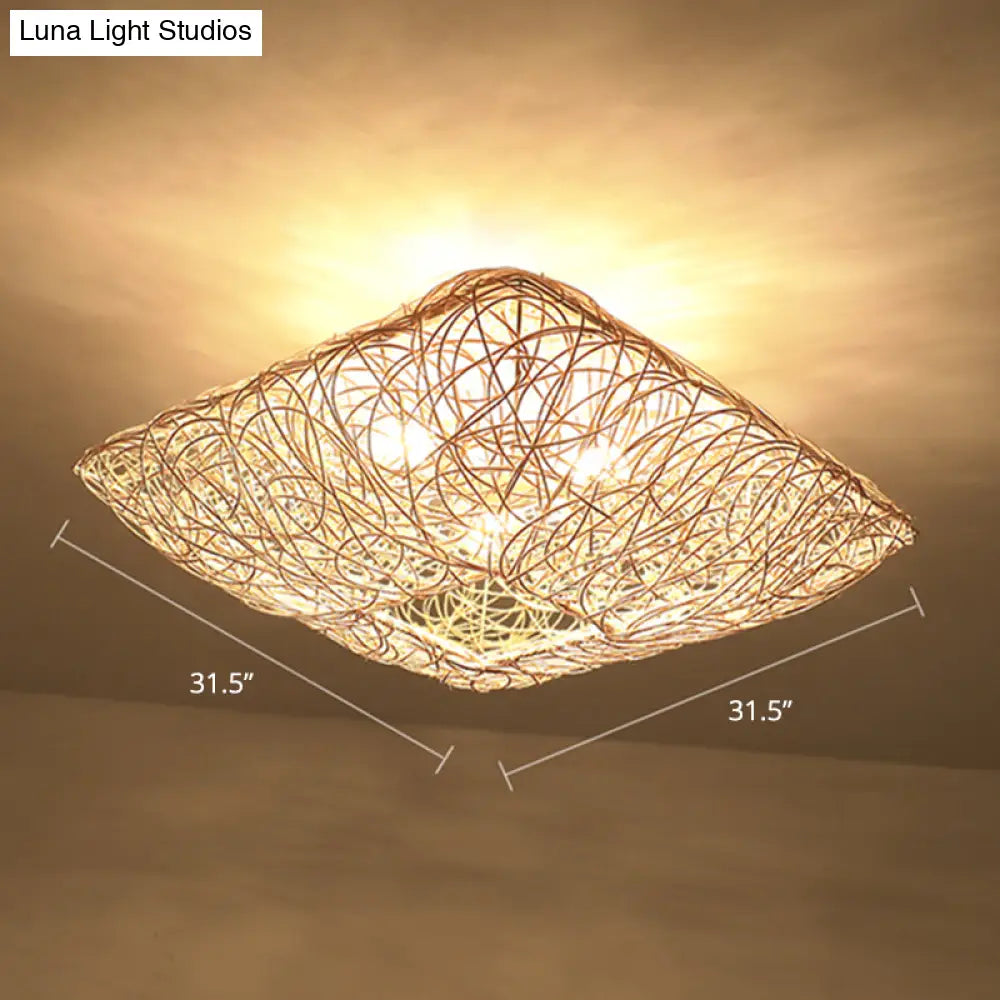 3-Light Square Ceiling Flush Mount Light In Rattan Wood For Bedroom Pendant Lighting