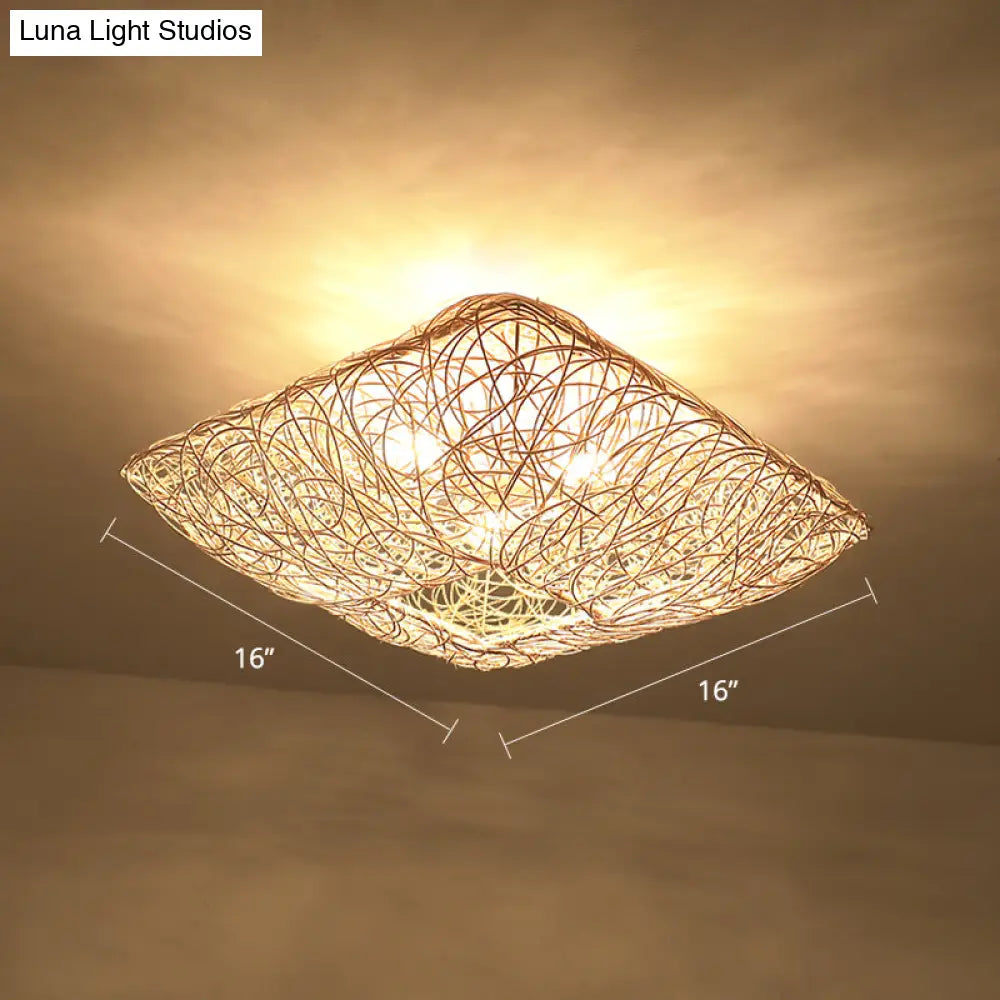 3-Light Square Ceiling Flush Mount Light In Rattan Wood For Bedroom Pendant Lighting