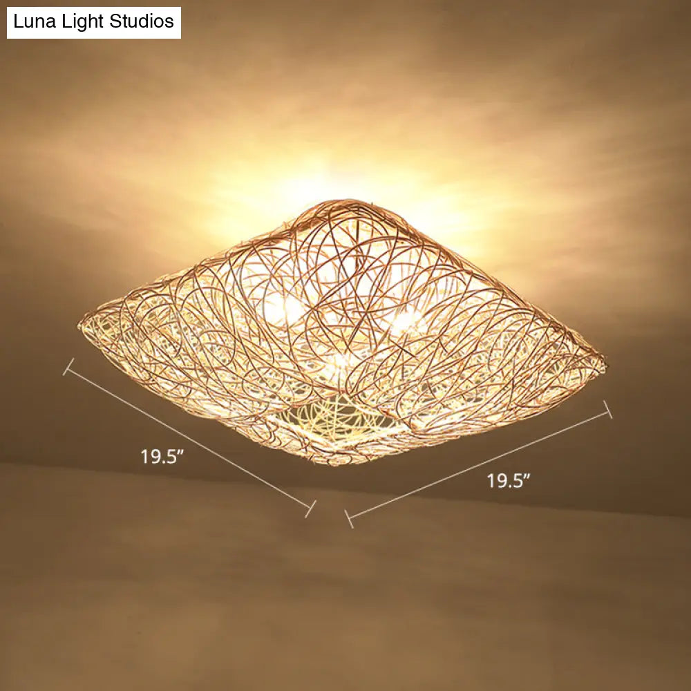 3-Light Square Ceiling Flush Mount Light In Rattan Wood For Bedroom Pendant Lighting