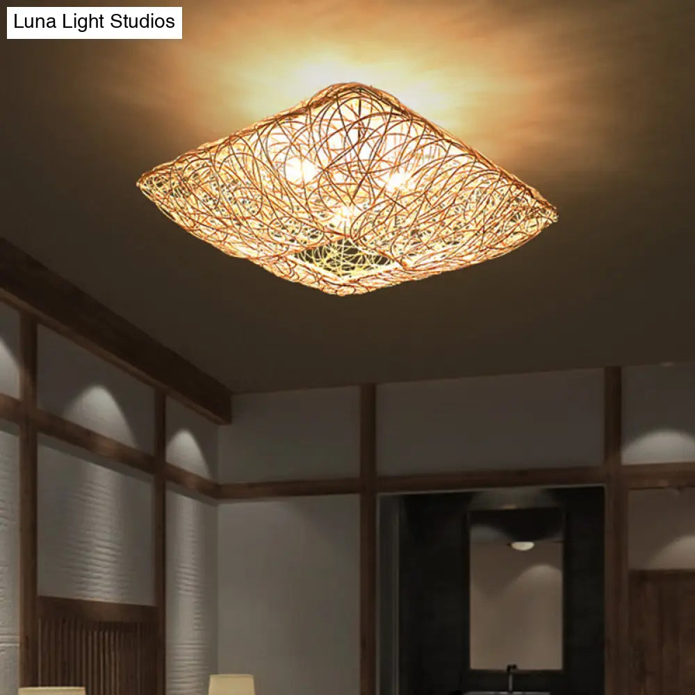 3-Light Square Ceiling Flush Mount Light In Rattan Wood For Bedroom Pendant Lighting