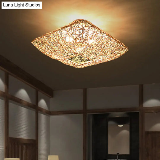 3-Light Square Ceiling Flush Mount Light In Rattan Wood For Bedroom Pendant Lighting