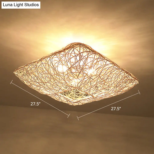 Minimalist 3-Light Rattan & Wood Ceiling Flush Mount For Bedroom