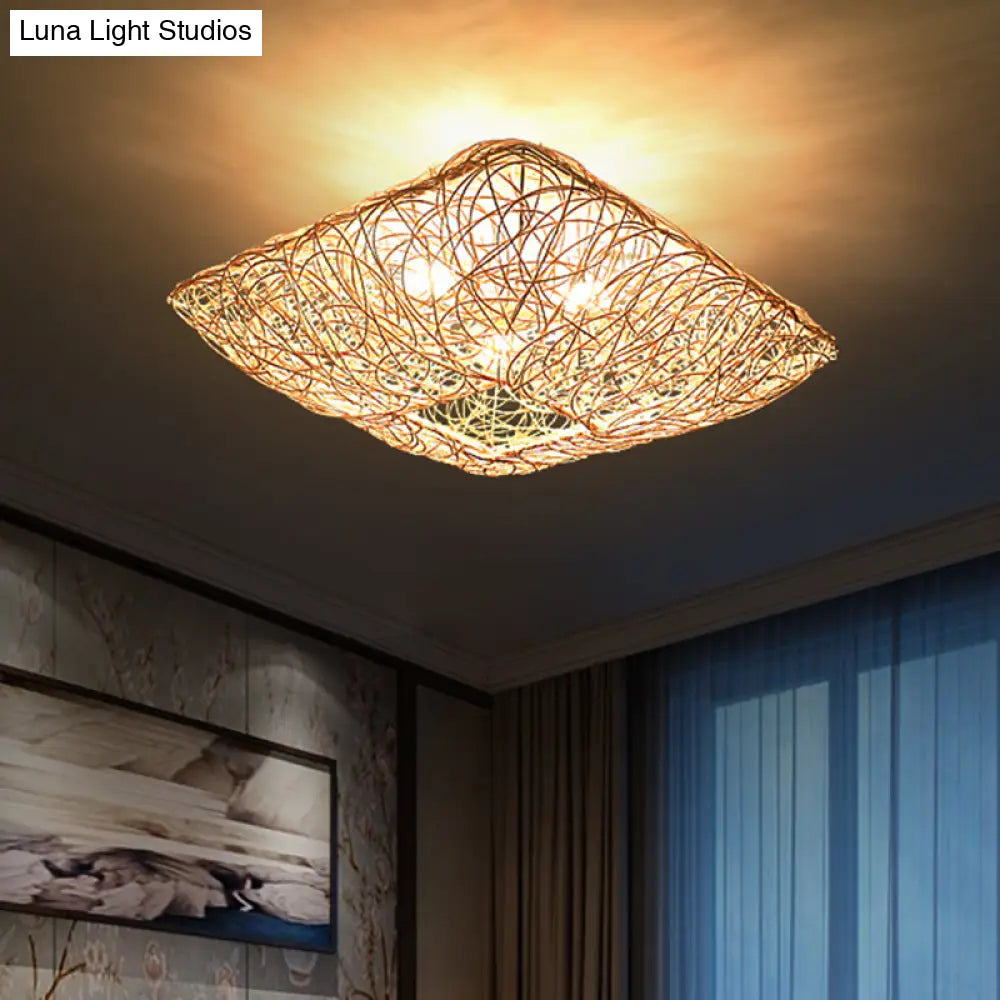 3-Light Square Ceiling Flush Mount Light In Rattan Wood For Bedroom Pendant Lighting