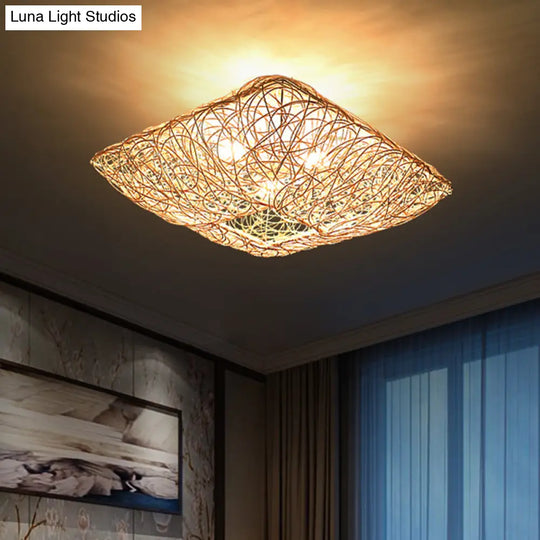 3-Light Square Ceiling Flush Mount Light In Rattan Wood For Bedroom Pendant Lighting