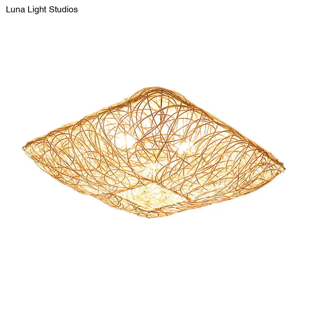 3-Light Square Ceiling Flush Mount Light In Rattan Wood For Bedroom Pendant Lighting