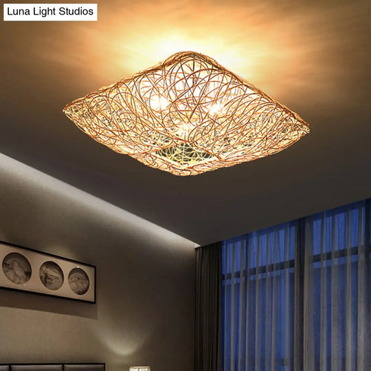 Minimalist 3-Light Rattan & Wood Ceiling Flush Mount For Bedroom / 16