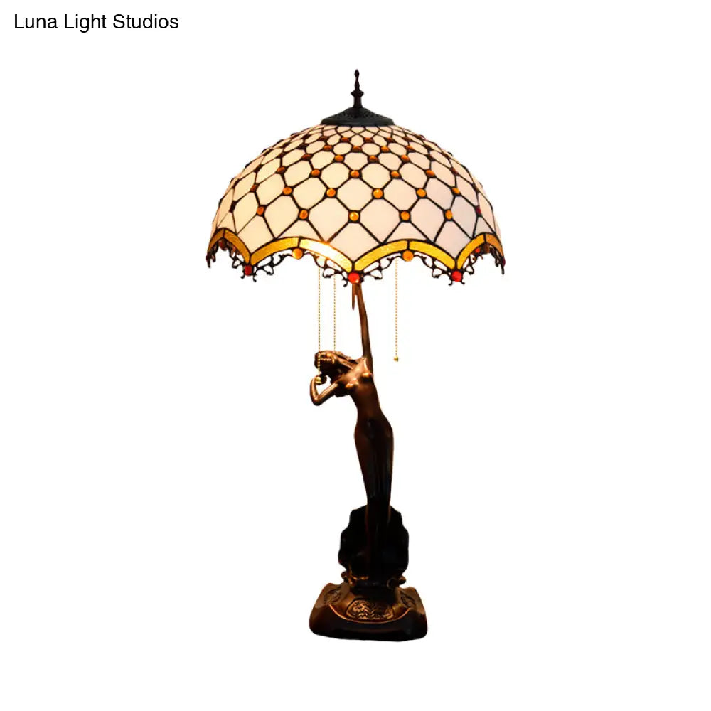 3-Light Tiffany Table Lamp With Resin Coffee Pull-Chain And Lady Statue Parrot Blue-Brown & Trellis