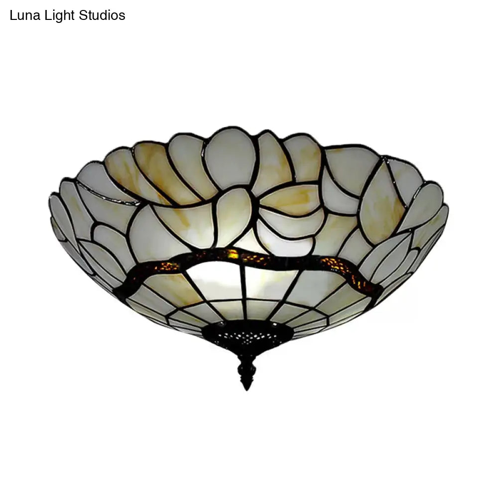 Tiffany-Style Glass Bowl Flush Light With 3 Lights For Living Room Ceiling - White/Beige