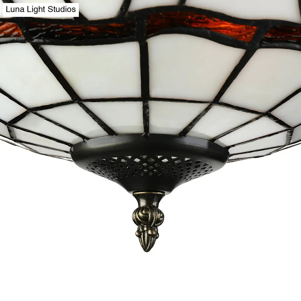 Tiffany-Style Glass Bowl Flush Light With 3 Lights For Living Room Ceiling - White/Beige