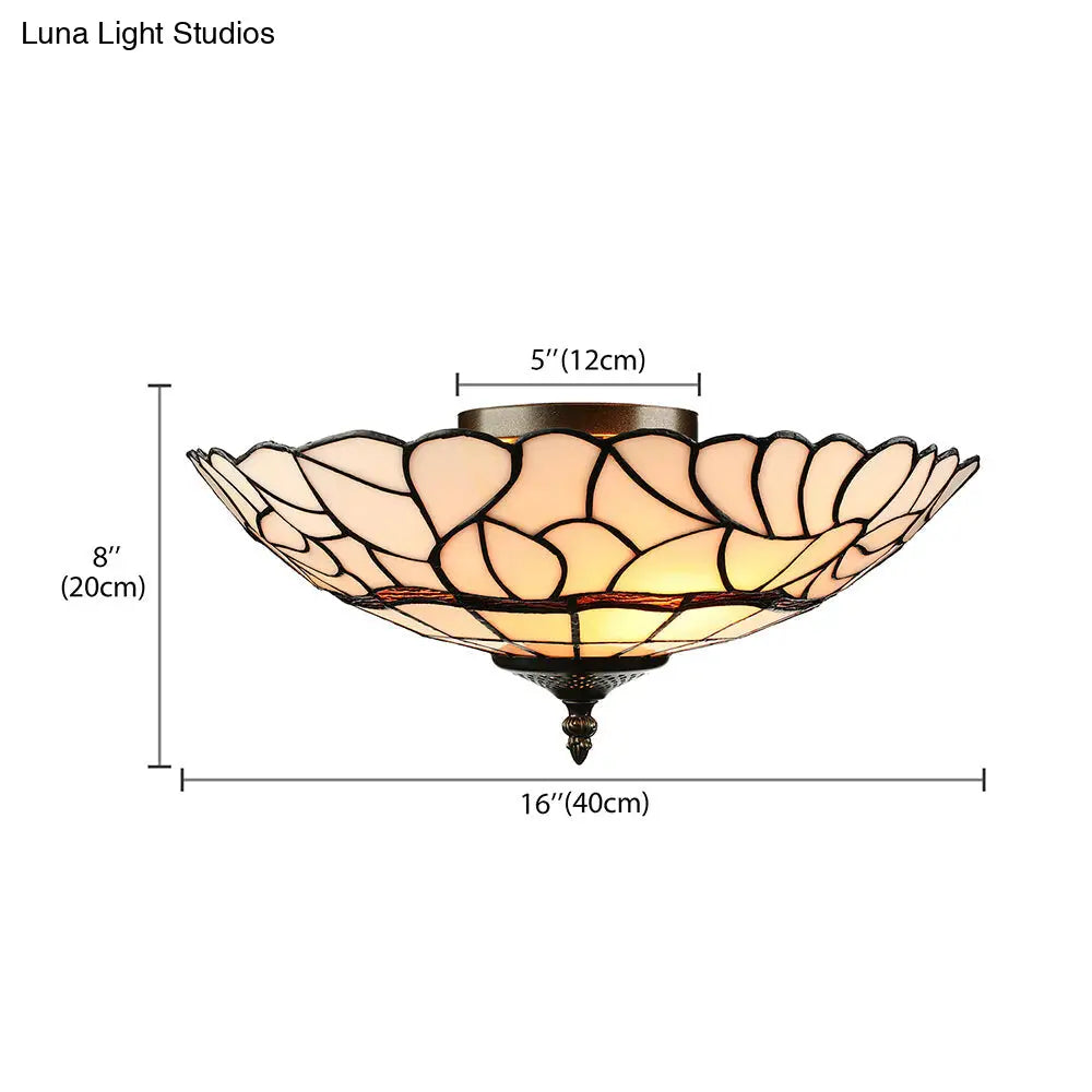 Tiffany-Style Glass Bowl Flush Light With 3 Lights For Living Room Ceiling - White/Beige