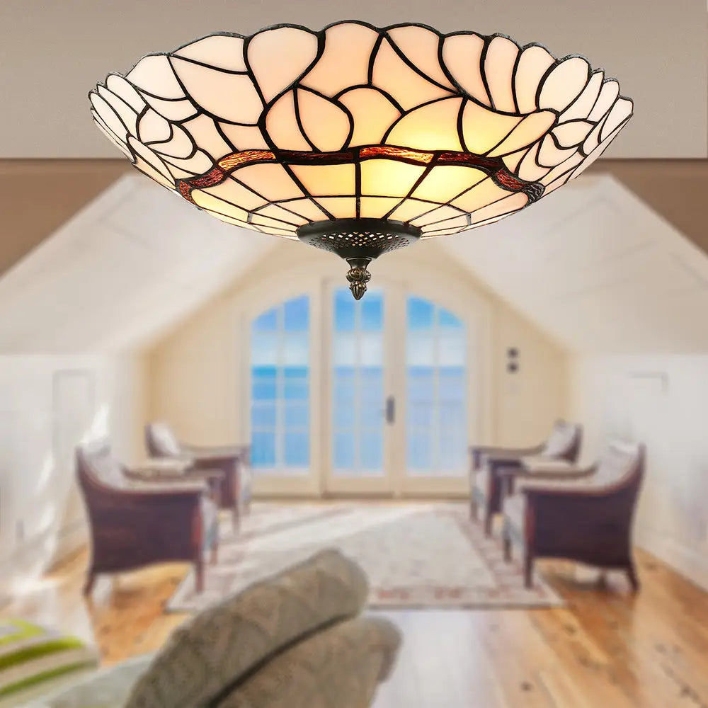 3-Light White/Beige Tiffany Style Glass Bowl Flush Ceiling Light For Living Room White