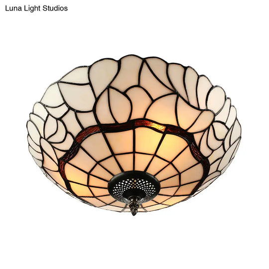 3-Light White/Beige Tiffany Style Glass Bowl Flush Ceiling Light For Living Room