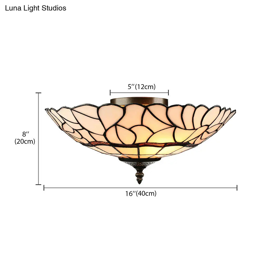 3-Light White/Beige Tiffany Style Glass Bowl Flush Ceiling Light For Living Room