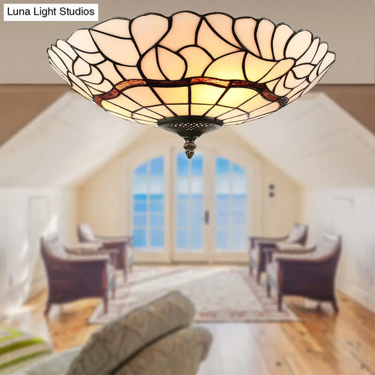 Tiffany-Style Glass Bowl Flush Light With 3 Lights For Living Room Ceiling - White/Beige White