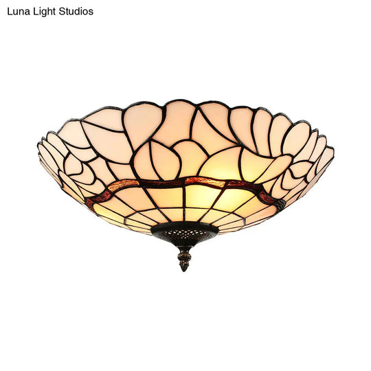 Tiffany-Style Glass Bowl Flush Light With 3 Lights For Living Room Ceiling - White/Beige