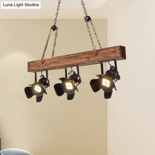 Black Metal And Wood Linear Island Pendant Light - Vintage Style With Wooden Beam 3 Lights