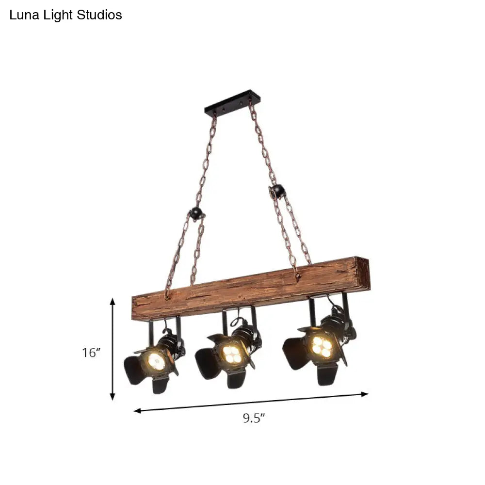 Black Metal And Wood Linear Island Pendant Light - Vintage Style With Wooden Beam 3 Lights