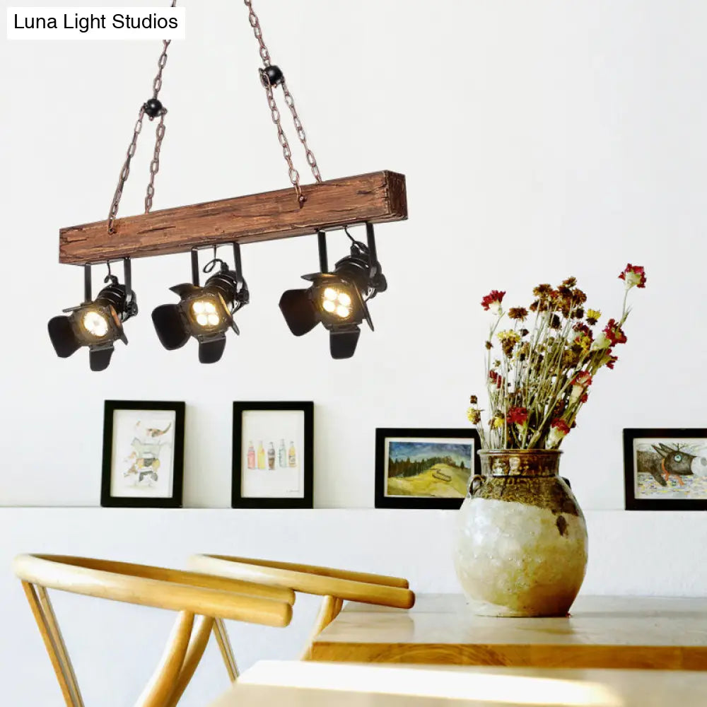 Black Metal And Wood Linear Island Pendant Light - Vintage Style With Wooden Beam 3 Lights