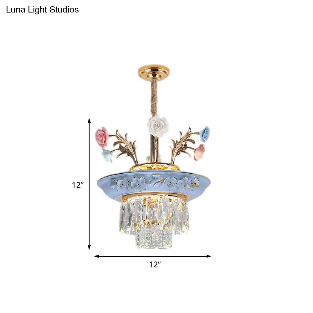 3-Tier Crystal Pendant Chandelier With Led Radiant White/Blue Light Metal Flowers 12’/14’ Wide