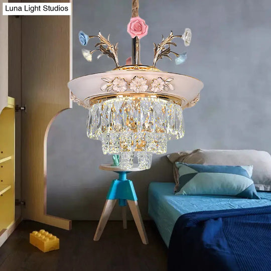 3-Tier Crystal Pendant Chandelier With Led Radiant White/Blue Light Metal Flowers 12’/14’ Wide