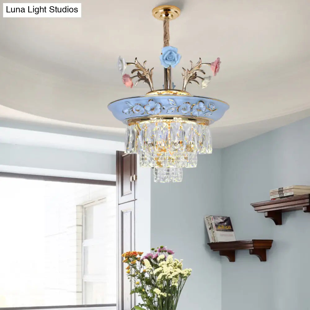 3-Tier Pendant Chandelier With Crystal White/Blue Led Lighting Metal Flowers 12/14 Wide