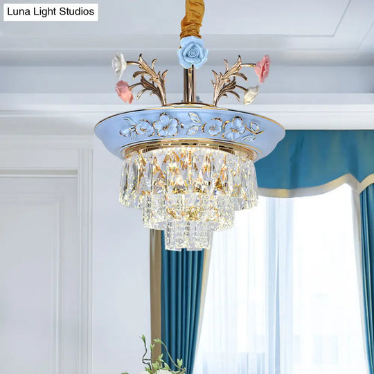 3-Tier Crystal Pendant Chandelier With Led Radiant White/Blue Light Metal Flowers 12’/14’ Wide