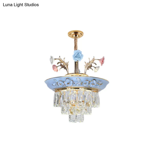 3-Tier Crystal Pendant Chandelier With Led Radiant White/Blue Light Metal Flowers 12’/14’ Wide