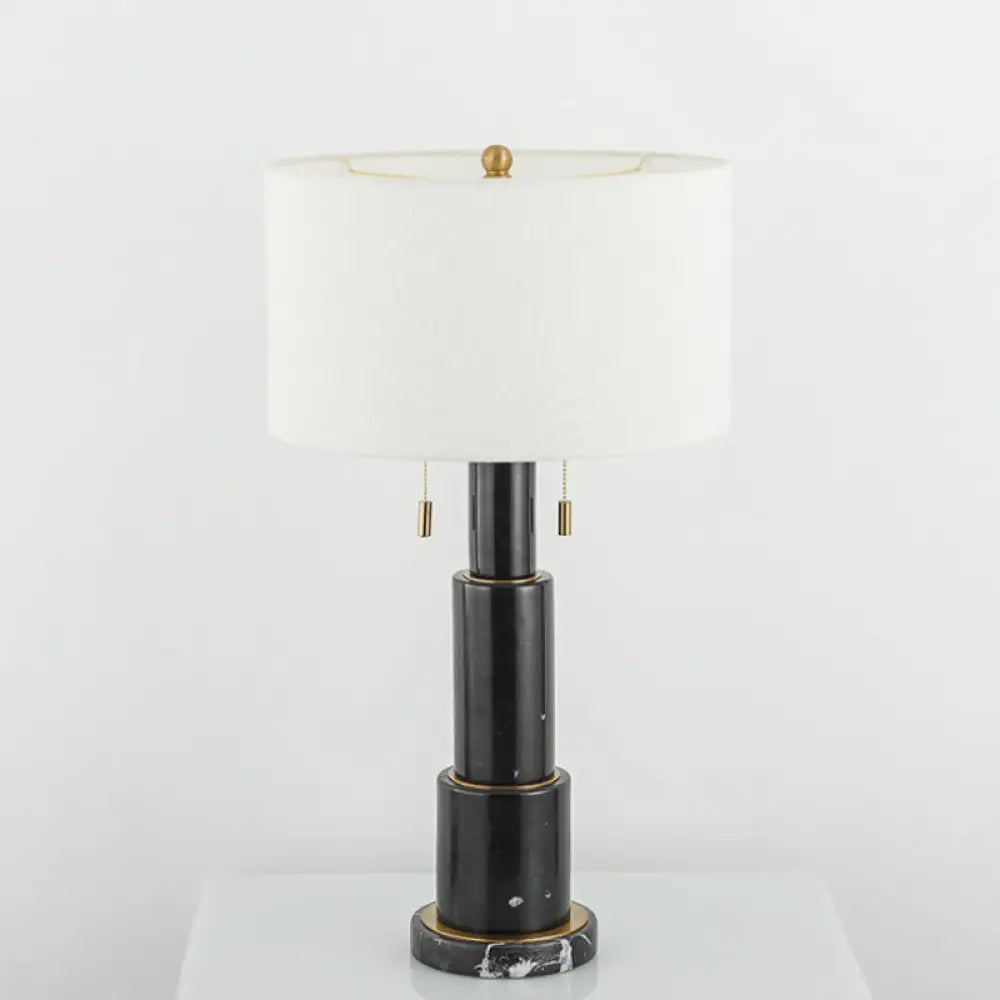 3-Tier Marble Night Lamp: Minimalist Table Light With Pull-Chain Black/White Drum Fabric Shade Black