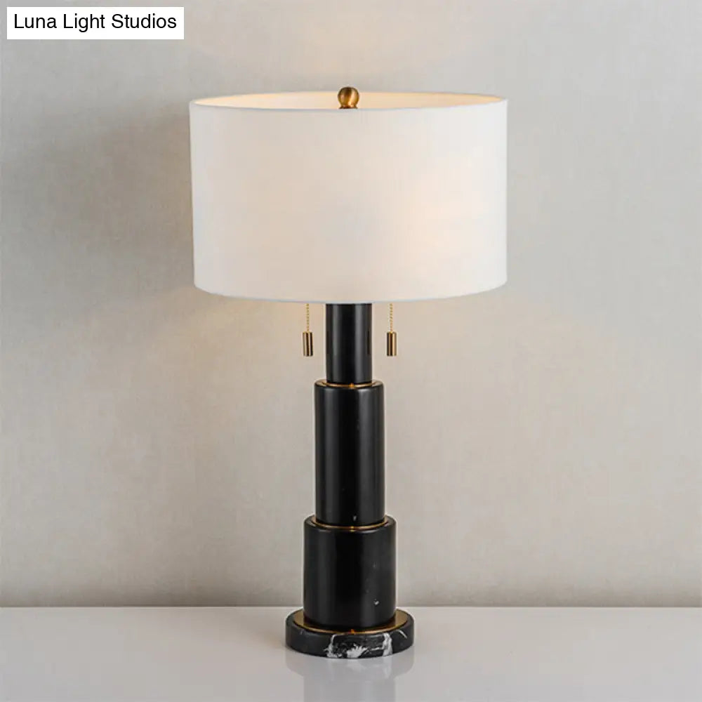 3-Tier Marble Night Lamp: Minimalist Table Light With Pull-Chain Black/White Drum Fabric Shade