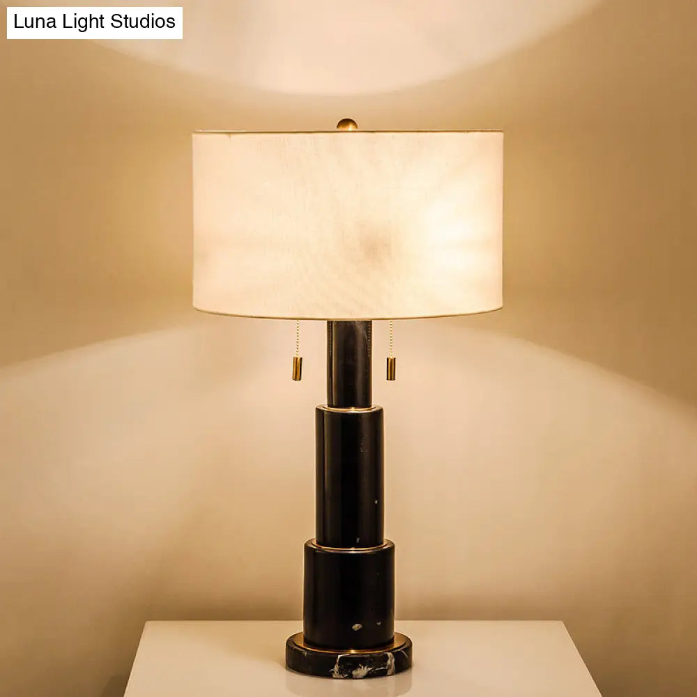 3-Tier Marble Night Lamp: Minimalist Table Light With Pull-Chain Black/White Drum Fabric Shade