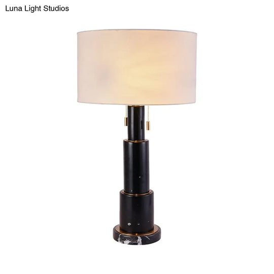 3-Tier Marble Night Lamp: Minimalist Table Light With Pull-Chain Black/White Drum Fabric Shade