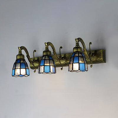 Vintage Stained Glass Dome Wall Sconce With Square/Blue Square Pattern 3 Lights Copper/Antique