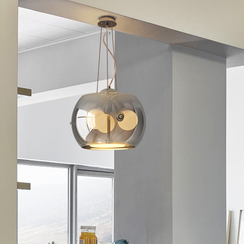 Contemporary Smoke Gray Glass Drum Chandelier With 3 Pendant Lights