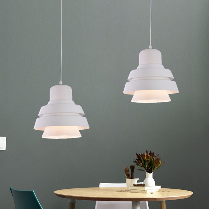 Modern White Pendant Light With Flared Metal Shade - Bedroom Lighting Fixture