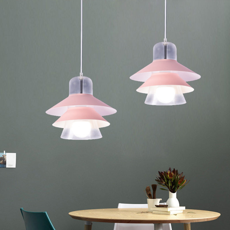 Modernist Metal Pendant Light Fixture with Wide Flare in Pink - 1 Bulb Hanging Design