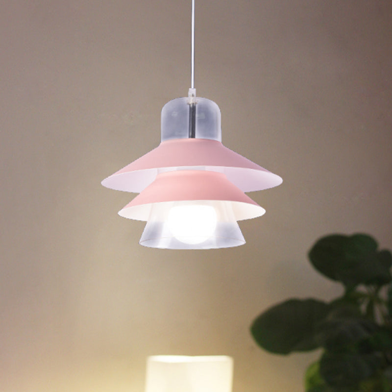 Modernist Metal Pendant Light Fixture with Wide Flare in Pink - 1 Bulb Hanging Design