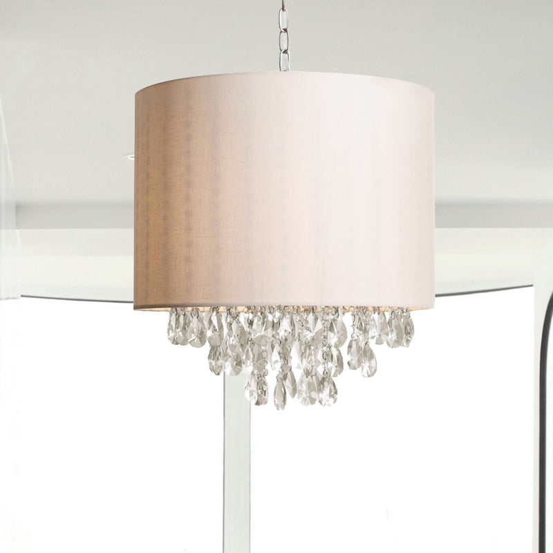 Modern Cylinder Fabric Chandelier - Beige Pendant Light With Crystal Drop (3/4 Heads)