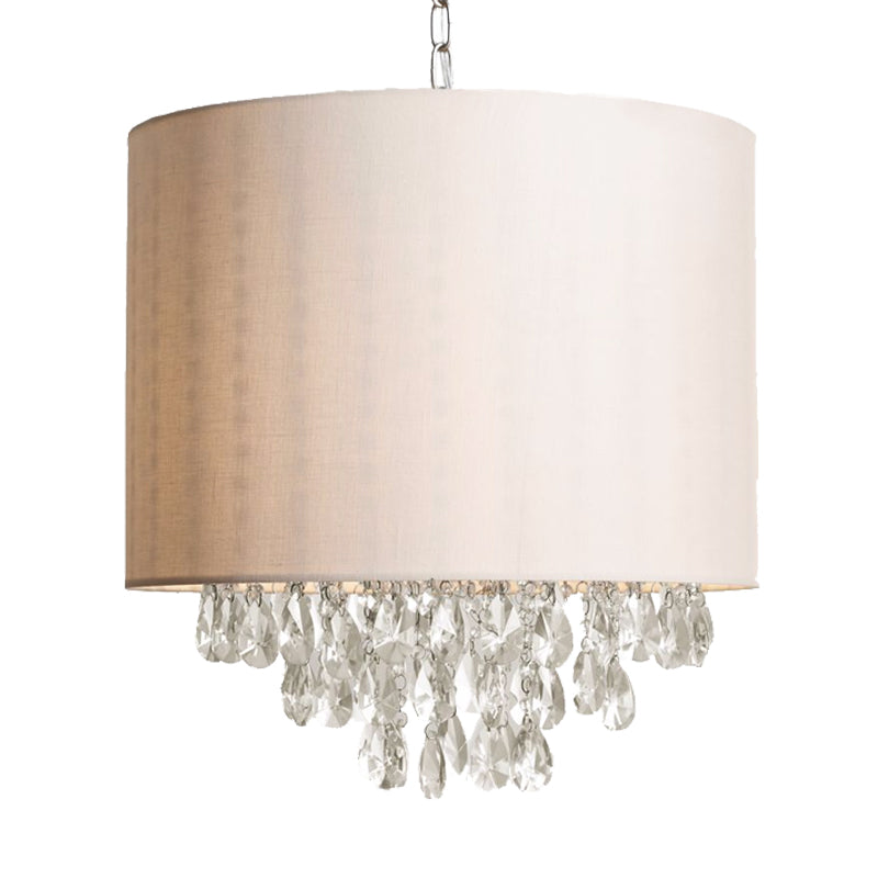 Modern Cylinder Fabric Chandelier - Beige Pendant Light With Crystal Drop (3/4 Heads)