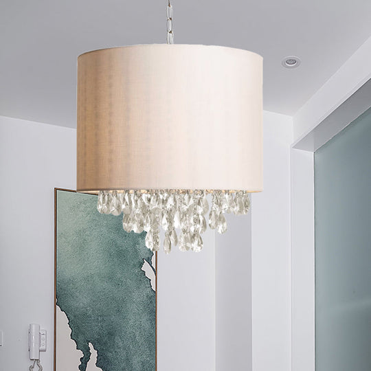 Modern Cylinder Fabric Chandelier - Beige Pendant Light With Crystal Drop (3/4 Heads) 4 /