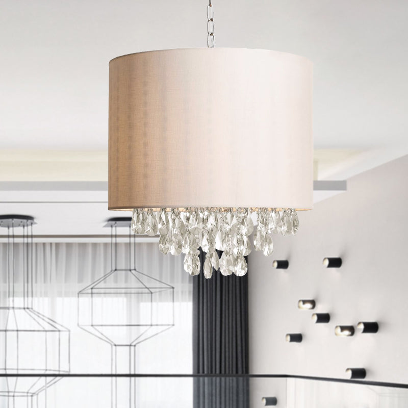 Modern Cylinder Fabric Pendant Chandelier with Crystal Drops - Beige Hanging Light (3/4 Heads)