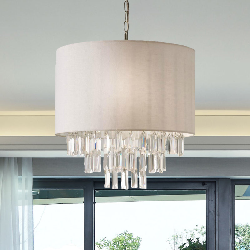 Modern Rectangular-Cut Crystal Drum Chandelier 3/4 Lights Beige Ceiling Lamp With Fabric Shade