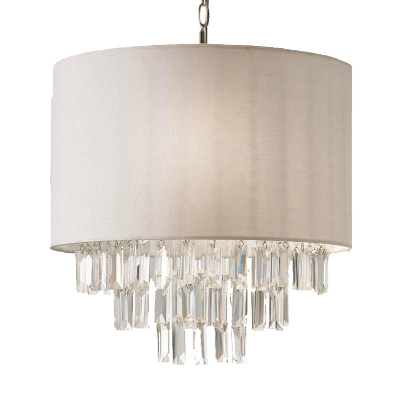 Modern Crystal Drum Chandelier: Rectangular-Cut, Beige Ceiling Lamp with Fabric Shade - 3/4 Lights