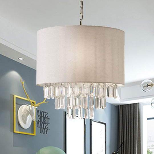 Modern Rectangular-Cut Crystal Drum Chandelier 3/4 Lights Beige Ceiling Lamp With Fabric Shade 4 /