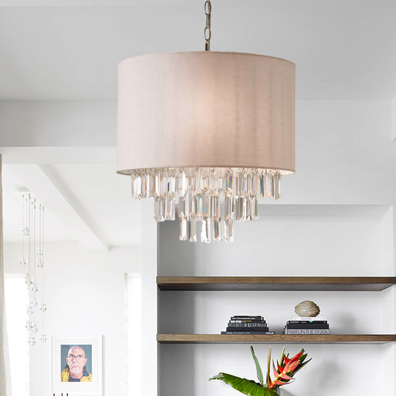 Modern Rectangular-Cut Crystal Drum Chandelier 3/4 Lights Beige Ceiling Lamp With Fabric Shade