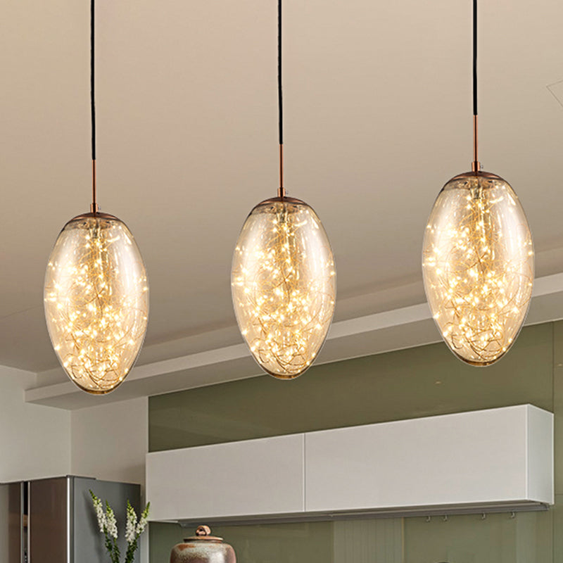 Contemporary Oval LED Pendant Light in Smoke Gray/Amber Glass for Living Rooms