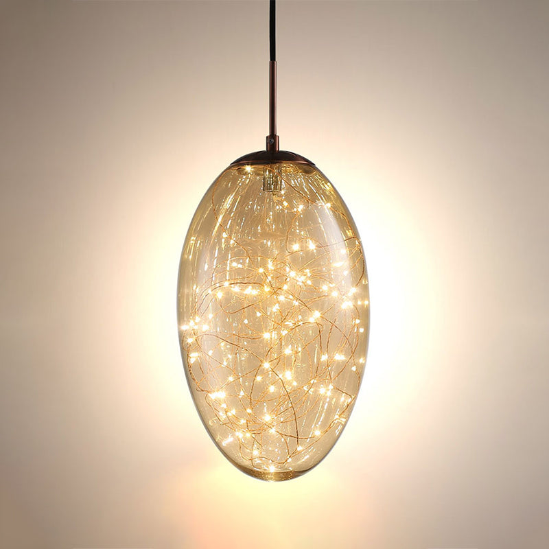Contemporary Oval LED Pendant Light in Smoke Gray/Amber Glass for Living Rooms