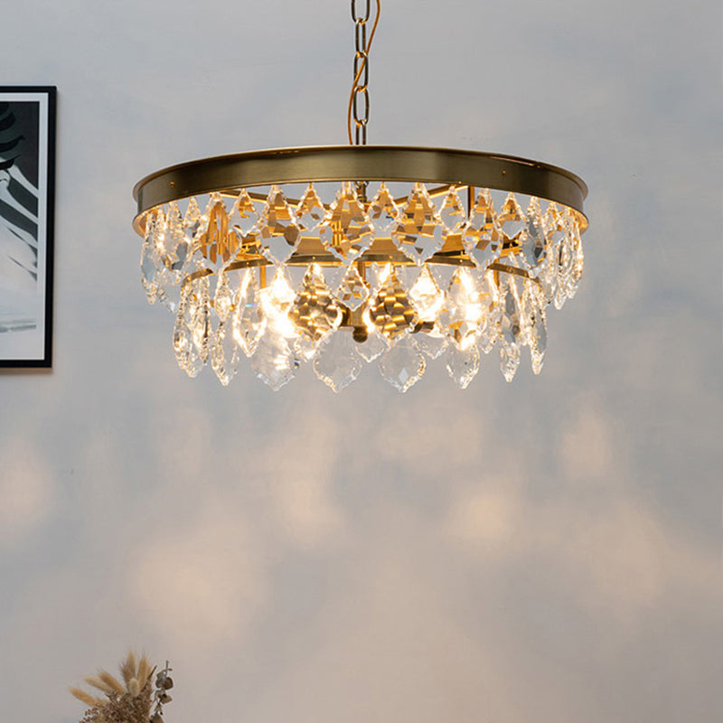Retro Black/Gold Beveled Glass Crystal Chandelier For Restaurant - 4 Bulbs Circular Pendant Lamp