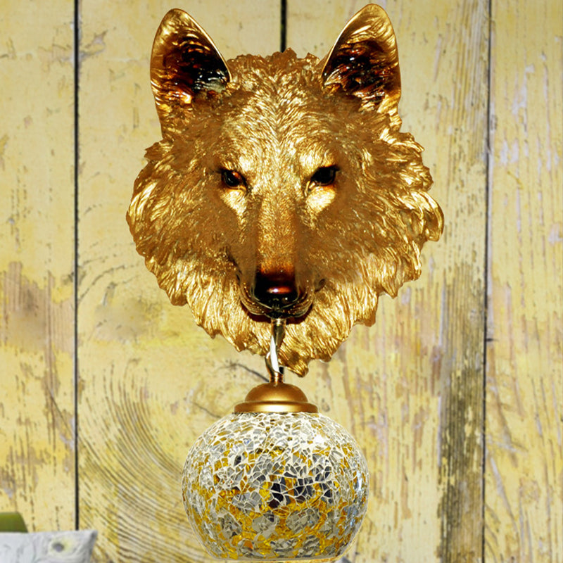 Tiffany Style Hand-Cut Glass Wolf Head Sconce - Silver/Gold 1-Light Wall Mount Lamp For Living Room