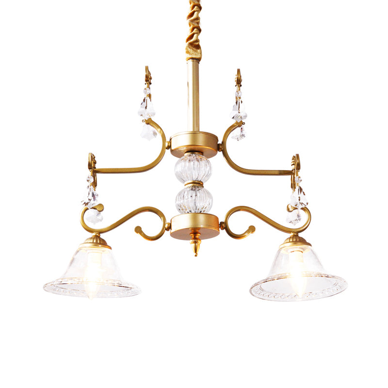 Traditional Gold Bell Hanging Chandelier With Clear Crystal Glass - 2 Lights For Dining Room Ceiling